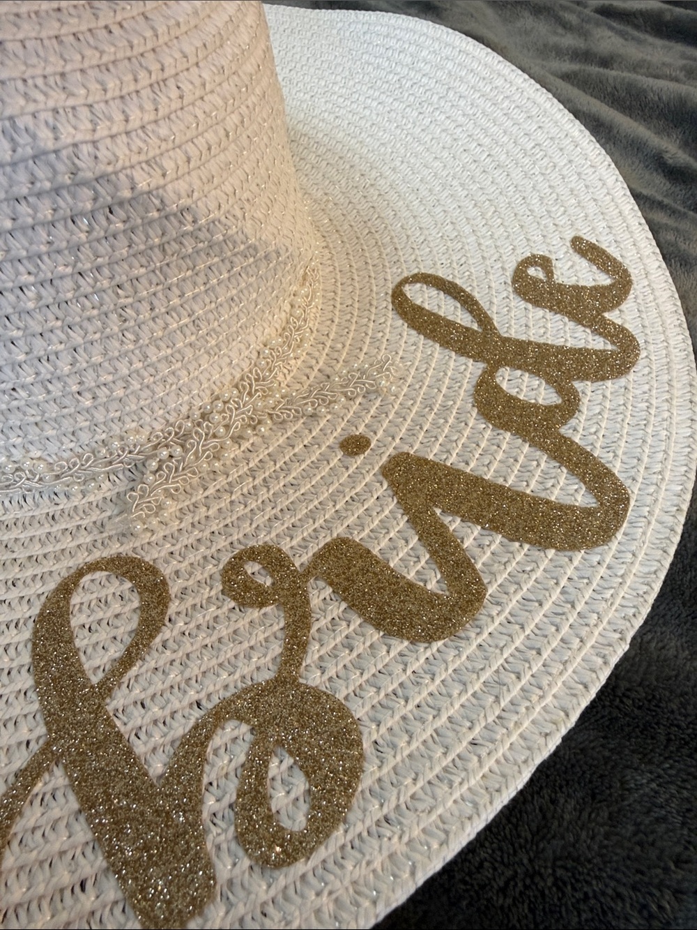 Wide Brim Bride Sun Hat - White with Gold Script, floppy style, sexy and 🤩 fun